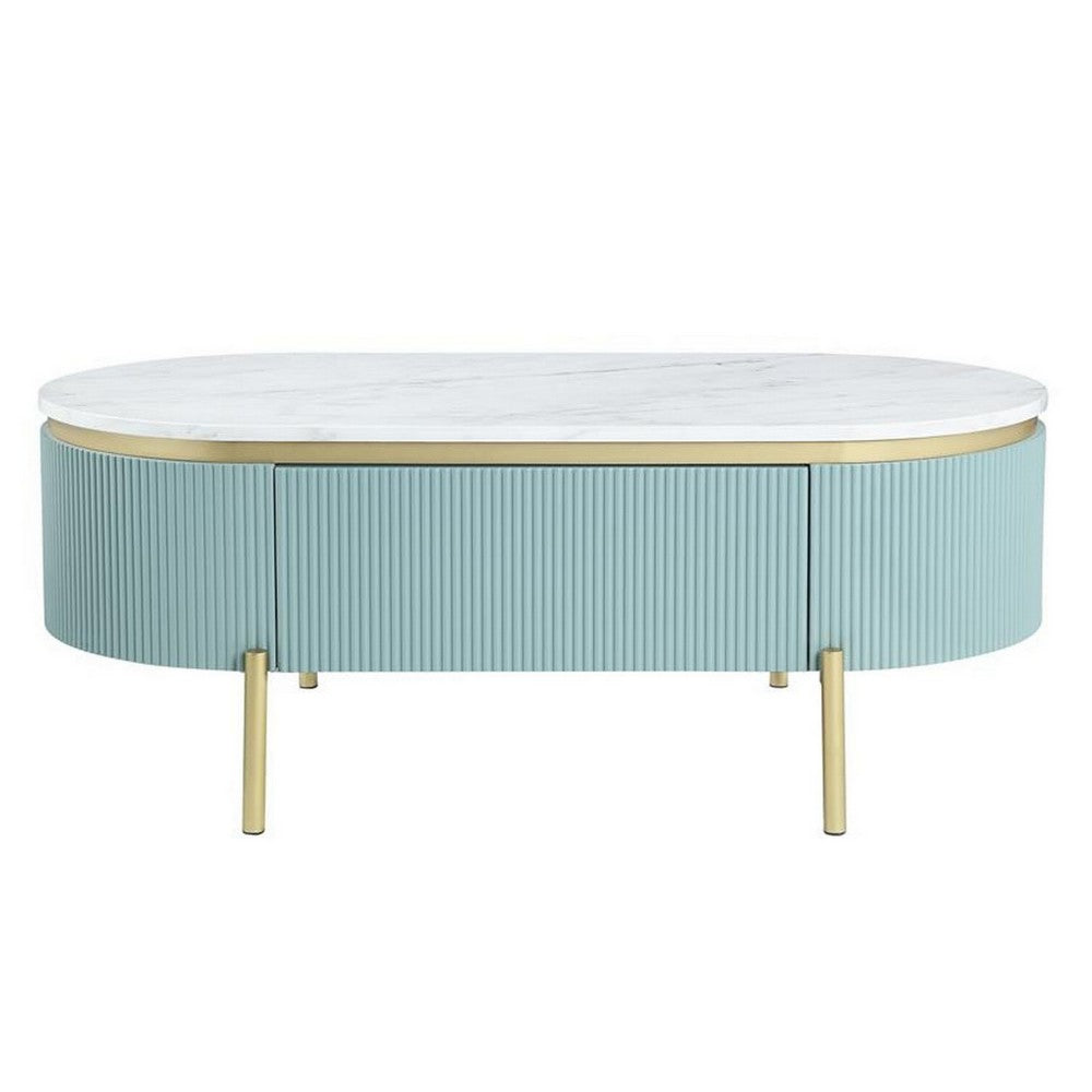 Ville 48 Inch Oblong Coffee Table, White Faux Marble Top, Teal Reeded Edges - BM300712