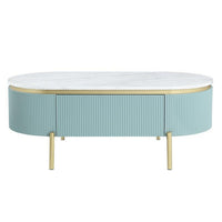 Ville 48 Inch Oblong Coffee Table, White Faux Marble Top, Teal Reeded Edges - BM300712