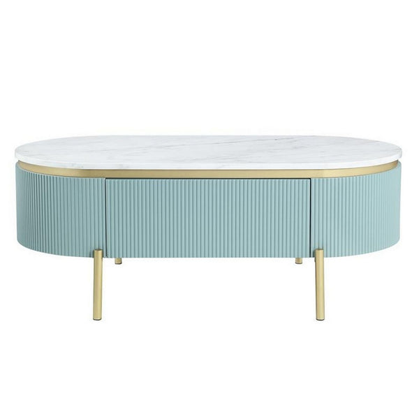 Ville 48 Inch Oblong Coffee Table, White Faux Marble Top, Teal Reeded Edges - BM300712