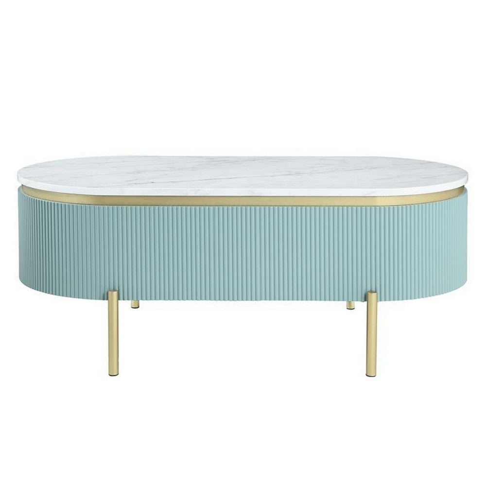 Ville 48 Inch Oblong Coffee Table, White Faux Marble Top, Teal Reeded Edges - BM300712