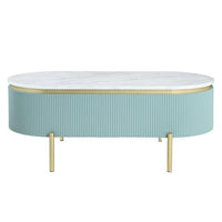 Ville 48 Inch Oblong Coffee Table, White Faux Marble Top, Teal Reeded Edges - BM300712