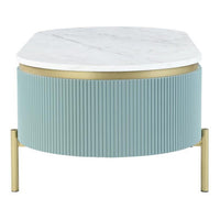 Ville 48 Inch Oblong Coffee Table, White Faux Marble Top, Teal Reeded Edges - BM300712