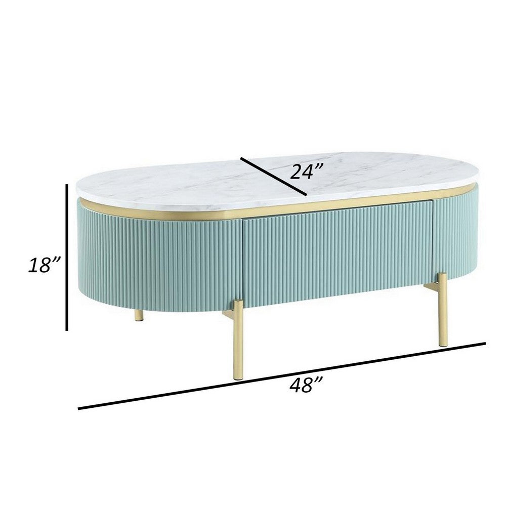 Ville 48 Inch Oblong Coffee Table, White Faux Marble Top, Teal Reeded Edges - BM300712