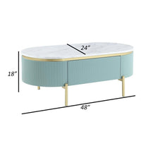 Ville 48 Inch Oblong Coffee Table, White Faux Marble Top, Teal Reeded Edges - BM300712