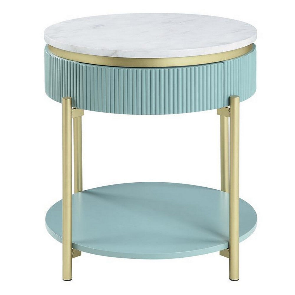 Ville 23 Inch Round Side End Table, White Faux Marble Top, Teal Reeded Edge - BM300713
