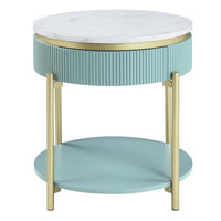 Ville 23 Inch Round Side End Table, White Faux Marble Top, Teal Reeded Edge - BM300713
