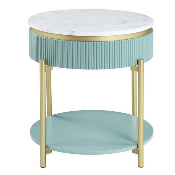 Ville 23 Inch Round Side End Table, White Faux Marble Top, Teal Reeded Edge - BM300713