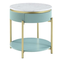 Ville 23 Inch Round Side End Table, White Faux Marble Top, Teal Reeded Edge - BM300713