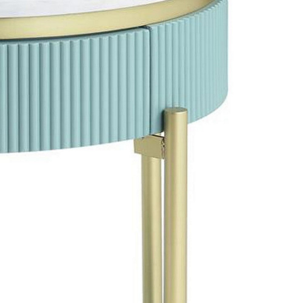 Ville 23 Inch Round Side End Table, White Faux Marble Top, Teal Reeded Edge - BM300713