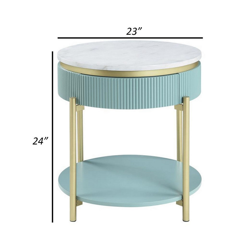 Ville 23 Inch Round Side End Table, White Faux Marble Top, Teal Reeded Edge - BM300713