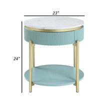 Ville 23 Inch Round Side End Table, White Faux Marble Top, Teal Reeded Edge - BM300713