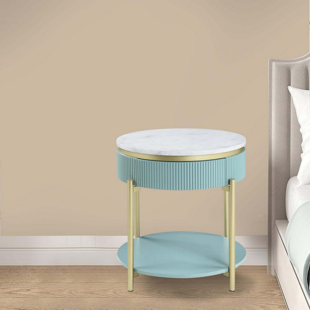 Ville 23 Inch Round Side End Table, White Faux Marble Top, Teal Reeded Edge - BM300713