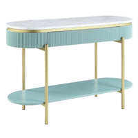 Ville 48 Inch Sofa Console Table, White Faux Marble Top, Teal Reeded Edge - BM300714