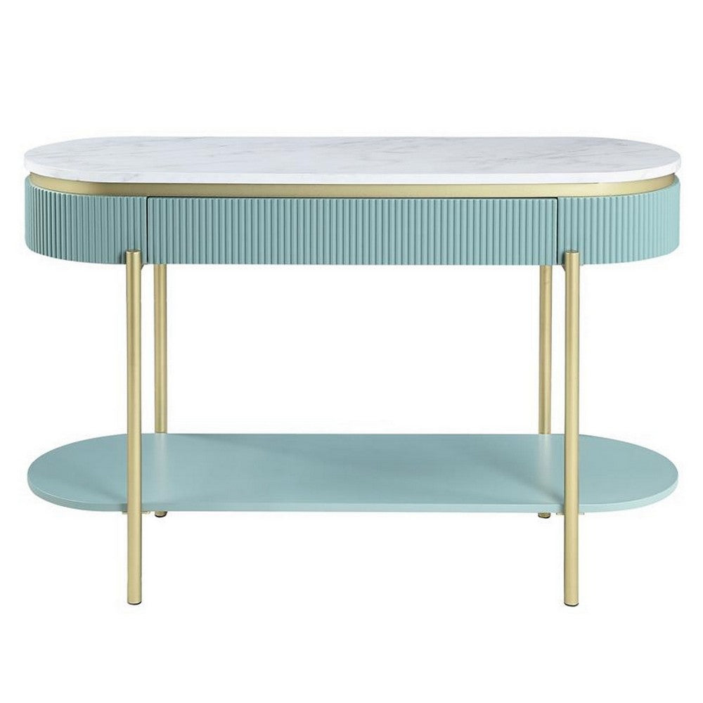 Ville 48 Inch Sofa Console Table, White Faux Marble Top, Teal Reeded Edge - BM300714