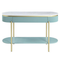 Ville 48 Inch Sofa Console Table, White Faux Marble Top, Teal Reeded Edge - BM300714