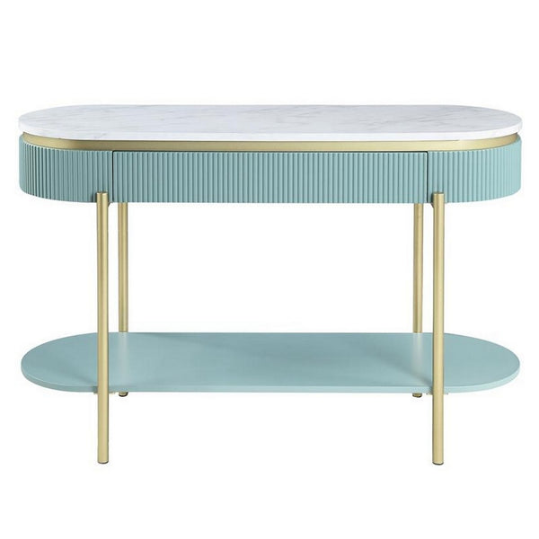 Ville 48 Inch Sofa Console Table, White Faux Marble Top, Teal Reeded Edge - BM300714
