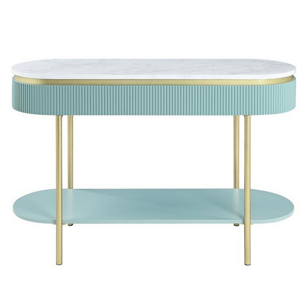 Ville 48 Inch Sofa Console Table, White Faux Marble Top, Teal Reeded Edge - BM300714
