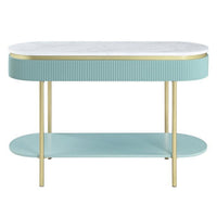Ville 48 Inch Sofa Console Table, White Faux Marble Top, Teal Reeded Edge - BM300714