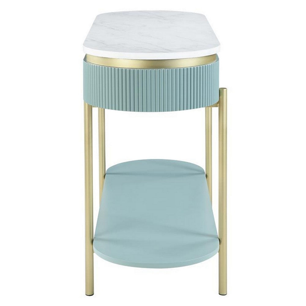 Ville 48 Inch Sofa Console Table, White Faux Marble Top, Teal Reeded Edge - BM300714