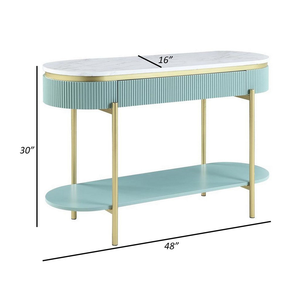 Ville 48 Inch Sofa Console Table, White Faux Marble Top, Teal Reeded Edge - BM300714