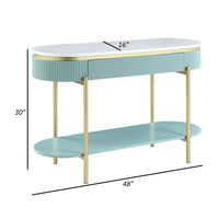 Ville 48 Inch Sofa Console Table, White Faux Marble Top, Teal Reeded Edge - BM300714