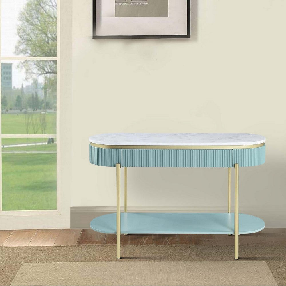 Ville 48 Inch Sofa Console Table, White Faux Marble Top, Teal Reeded Edge - BM300714