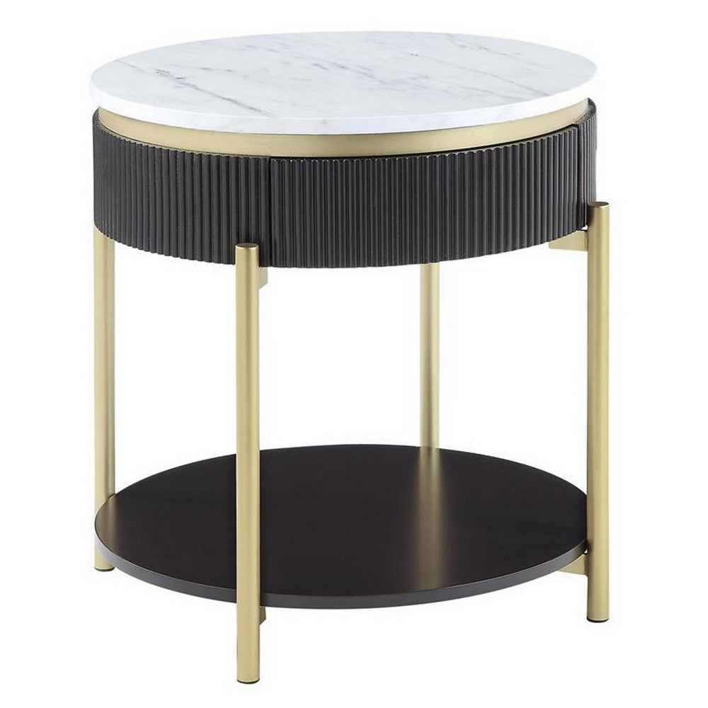 Ville 23 Inch Round Side End Table, White Faux Marble Top Brown Reeded Edge - BM300716