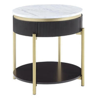 Ville 23 Inch Round Side End Table, White Faux Marble Top Brown Reeded Edge - BM300716