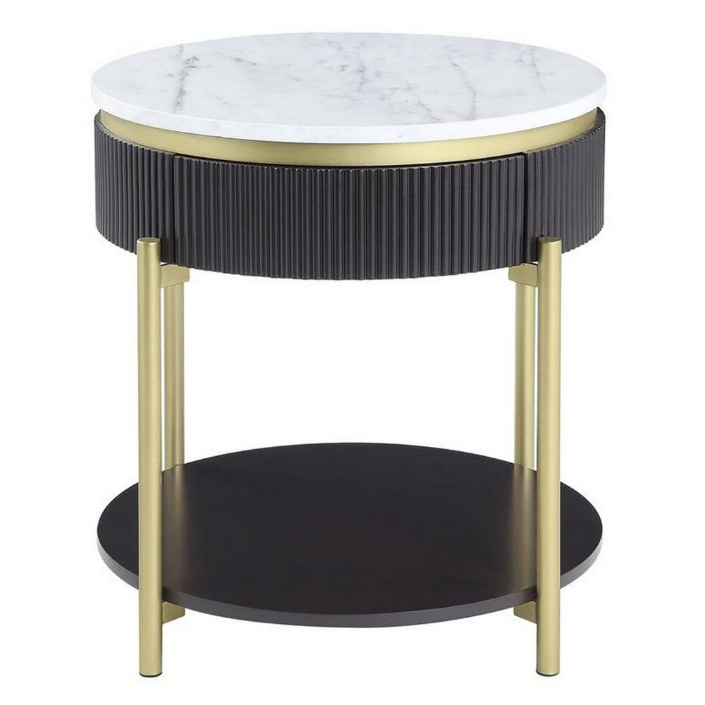 Ville 23 Inch Round Side End Table, White Faux Marble Top Brown Reeded Edge - BM300716