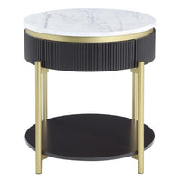 Ville 23 Inch Round Side End Table, White Faux Marble Top Brown Reeded Edge - BM300716