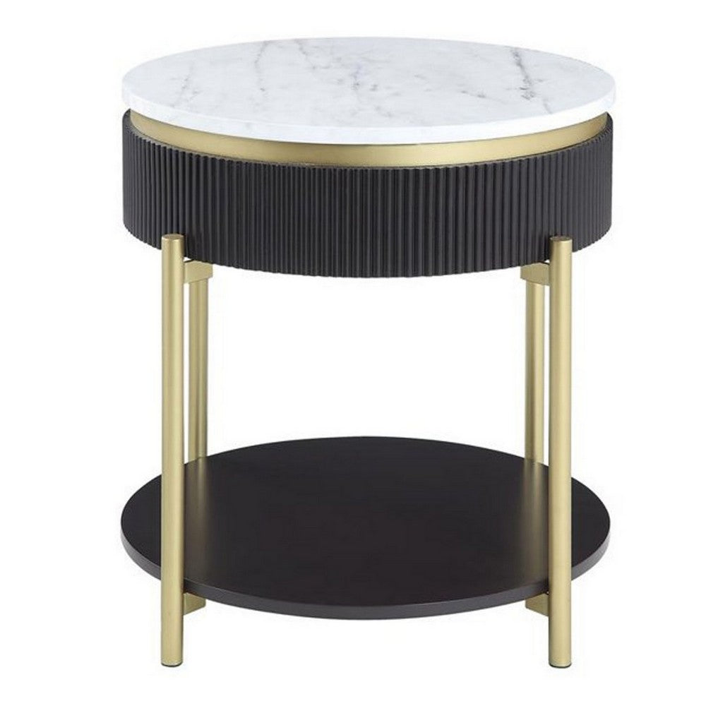 Ville 23 Inch Round Side End Table, White Faux Marble Top Brown Reeded Edge - BM300716