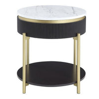 Ville 23 Inch Round Side End Table, White Faux Marble Top Brown Reeded Edge - BM300716