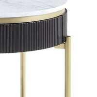Ville 23 Inch Round Side End Table, White Faux Marble Top Brown Reeded Edge - BM300716