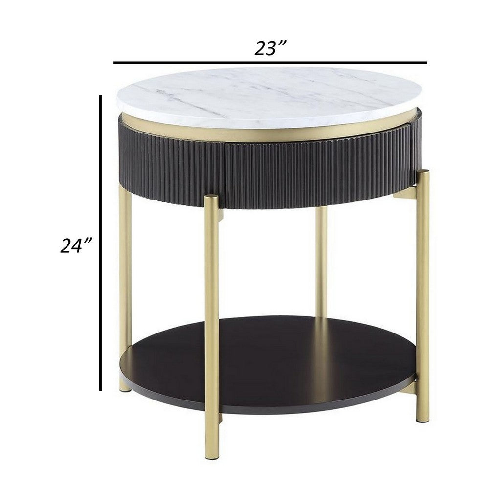 Ville 23 Inch Round Side End Table, White Faux Marble Top Brown Reeded Edge - BM300716
