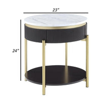 Ville 23 Inch Round Side End Table, White Faux Marble Top Brown Reeded Edge - BM300716