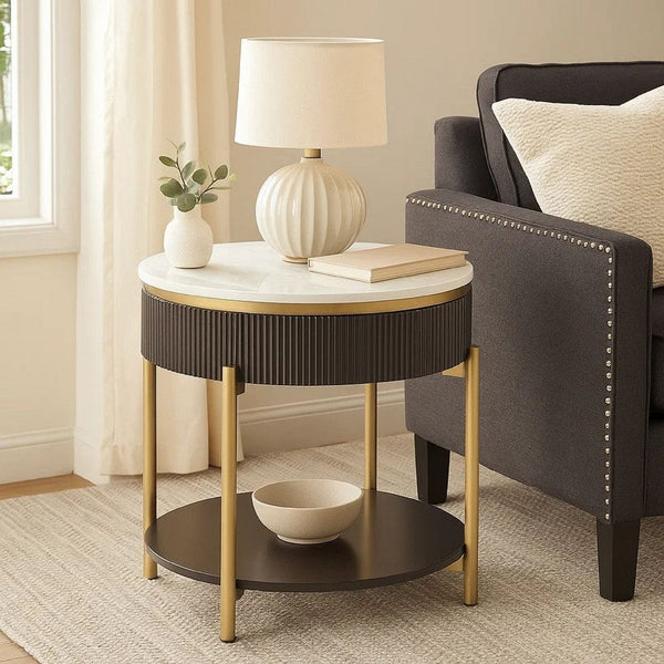Ville 23 Inch Round Side End Table, White Faux Marble Top Brown Reeded Edge - BM300716