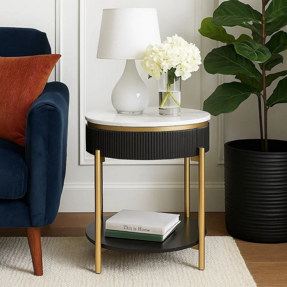 Ville 23 Inch Round Side End Table, White Faux Marble Top Brown Reeded Edge - BM300716