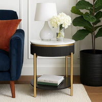 Ville 23 Inch Round Side End Table, White Faux Marble Top Brown Reeded Edge - BM300716