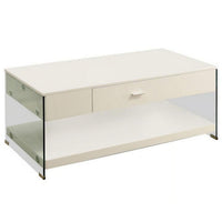 Stub 47 Inch Coffee Table, Glossy White Wood, Glass Side Panels, 1 Drawer - BM300718
