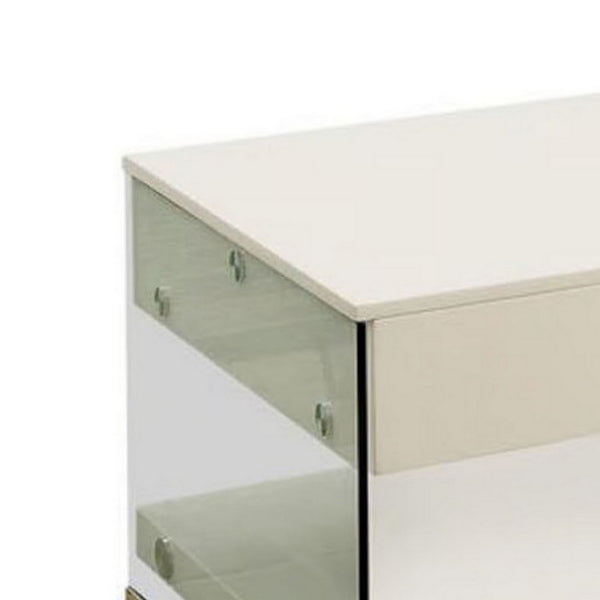 Stub 47 Inch Coffee Table, Glossy White Wood, Glass Side Panels, 1 Drawer - BM300718