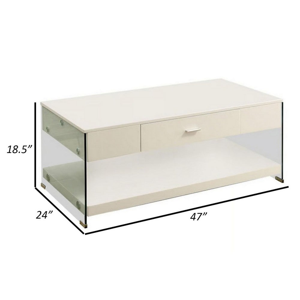 Stub 47 Inch Coffee Table, Glossy White Wood, Glass Side Panels, 1 Drawer - BM300718