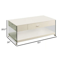 Stub 47 Inch Coffee Table, Glossy White Wood, Glass Side Panels, 1 Drawer - BM300718