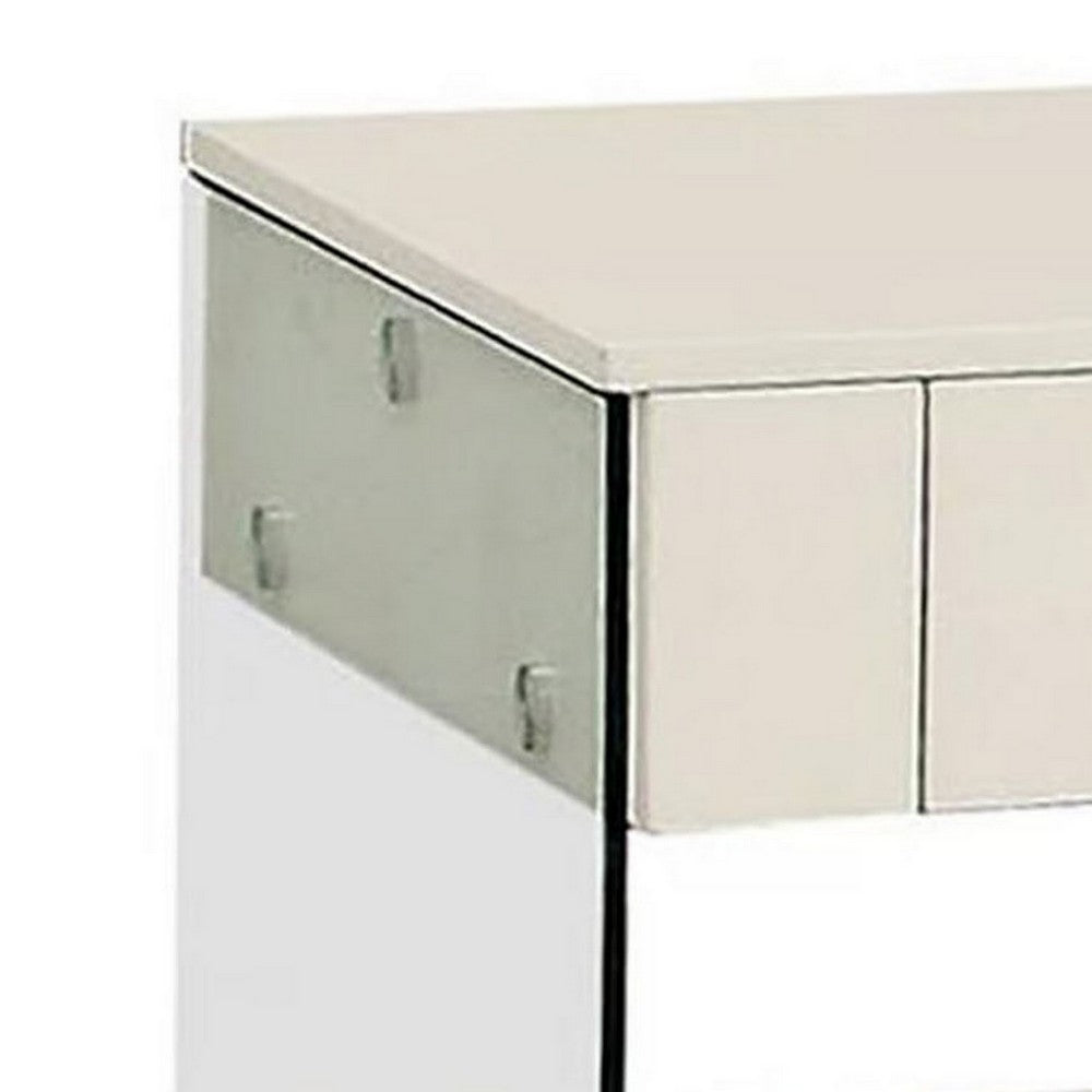 Stub 23 Inch Side End Table, Glossy White Wood, Glass Side Panels, 1 Drawer - BM300719