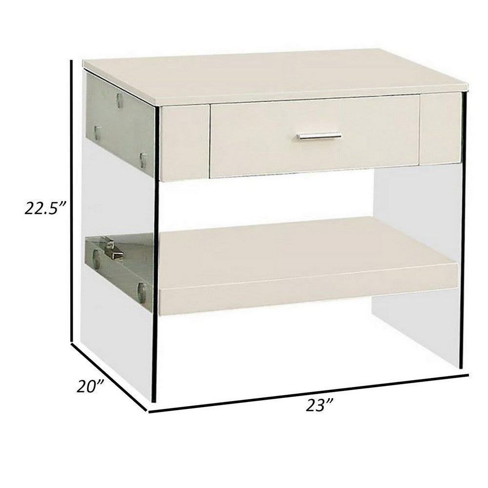 Stub 23 Inch Side End Table, Glossy White Wood, Glass Side Panels, 1 Drawer - BM300719