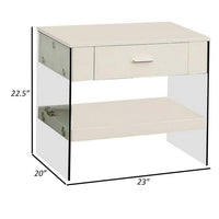 Stub 23 Inch Side End Table, Glossy White Wood, Glass Side Panels, 1 Drawer - BM300719
