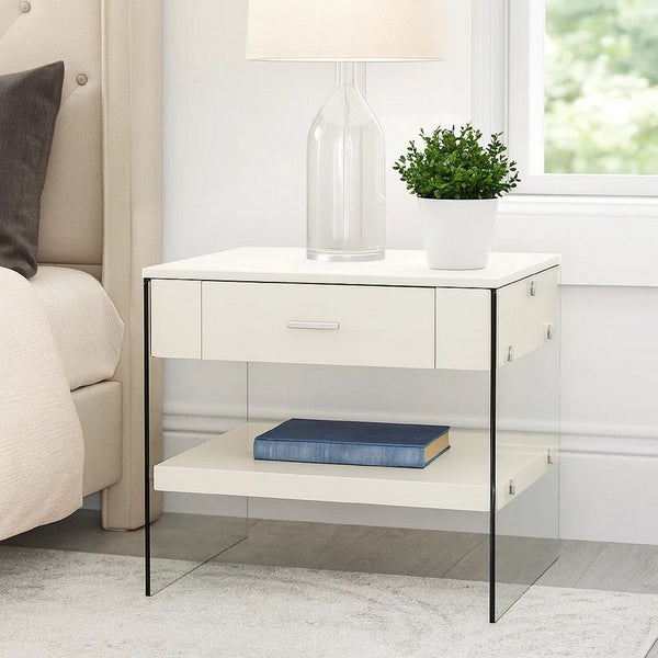 Stub 23 Inch Side End Table, Glossy White Wood, Glass Side Panels, 1 Drawer - BM300719