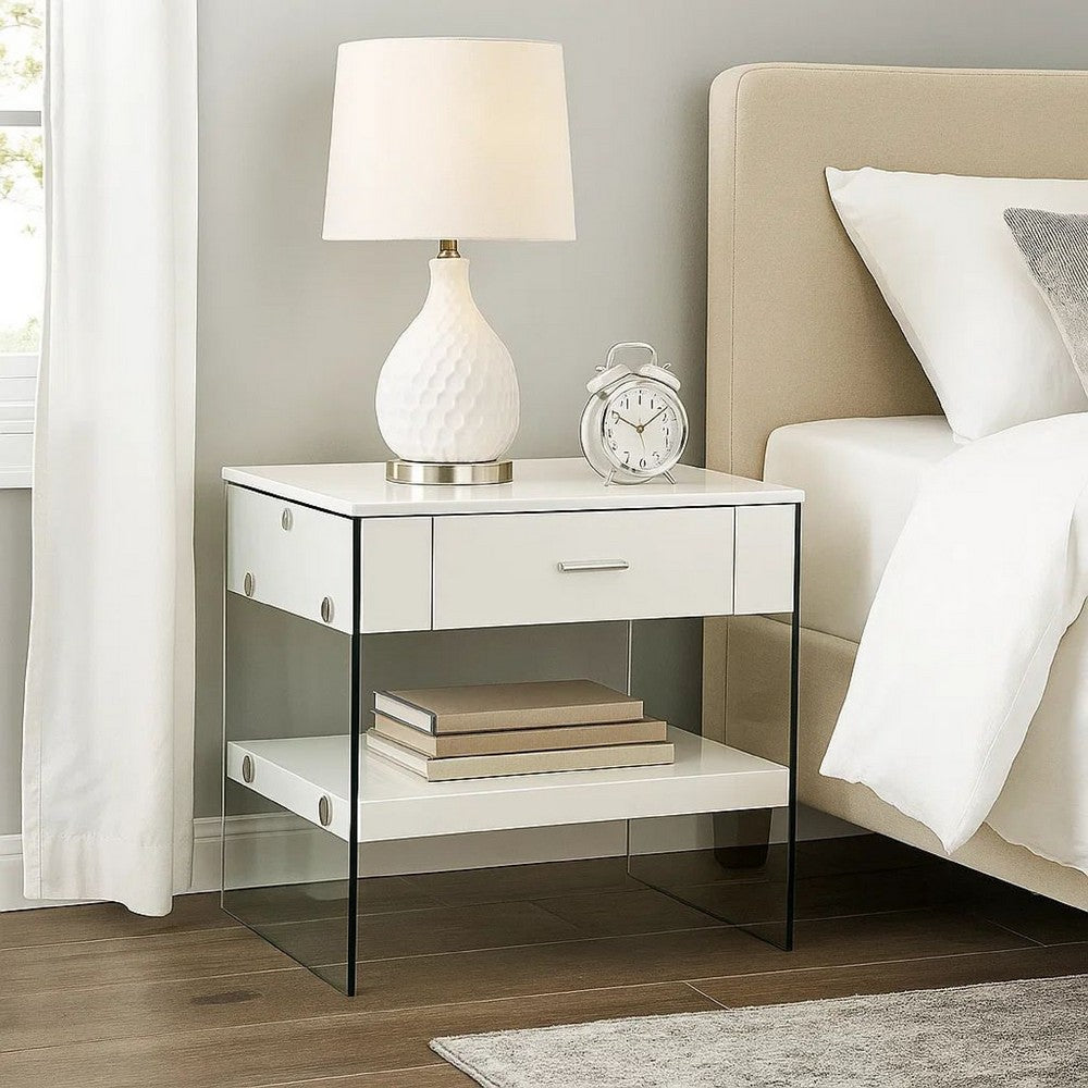 Stub 23 Inch Side End Table, Glossy White Wood, Glass Side Panels, 1 Drawer - BM300719