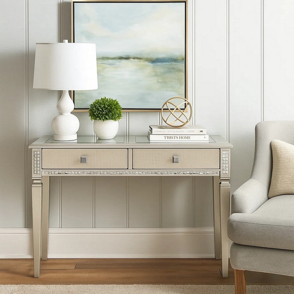 Trace 48 Inch Sofa Console Table, Glass Top, 2 Drawers, Mirror Inserts - BM300723