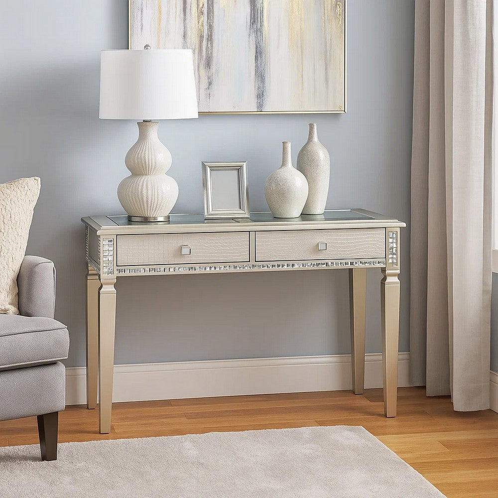 Trace 48 Inch Sofa Console Table, Glass Top, 2 Drawers, Mirror Inserts - BM300723