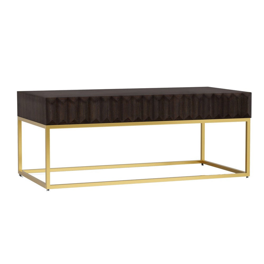 Bran 48 Inch Rectangular Coffee Table, Brown Wood, Gold Base, 2 Drawers - BM300725